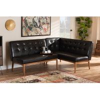 Baxton Studio BBT8051-Dark Brown/Walnut-2PC SF Bench Arvid Mid-Century Modern Dark Brown Faux Leather Upholstered 2-Piece Wood Dining Nook Banquette Set